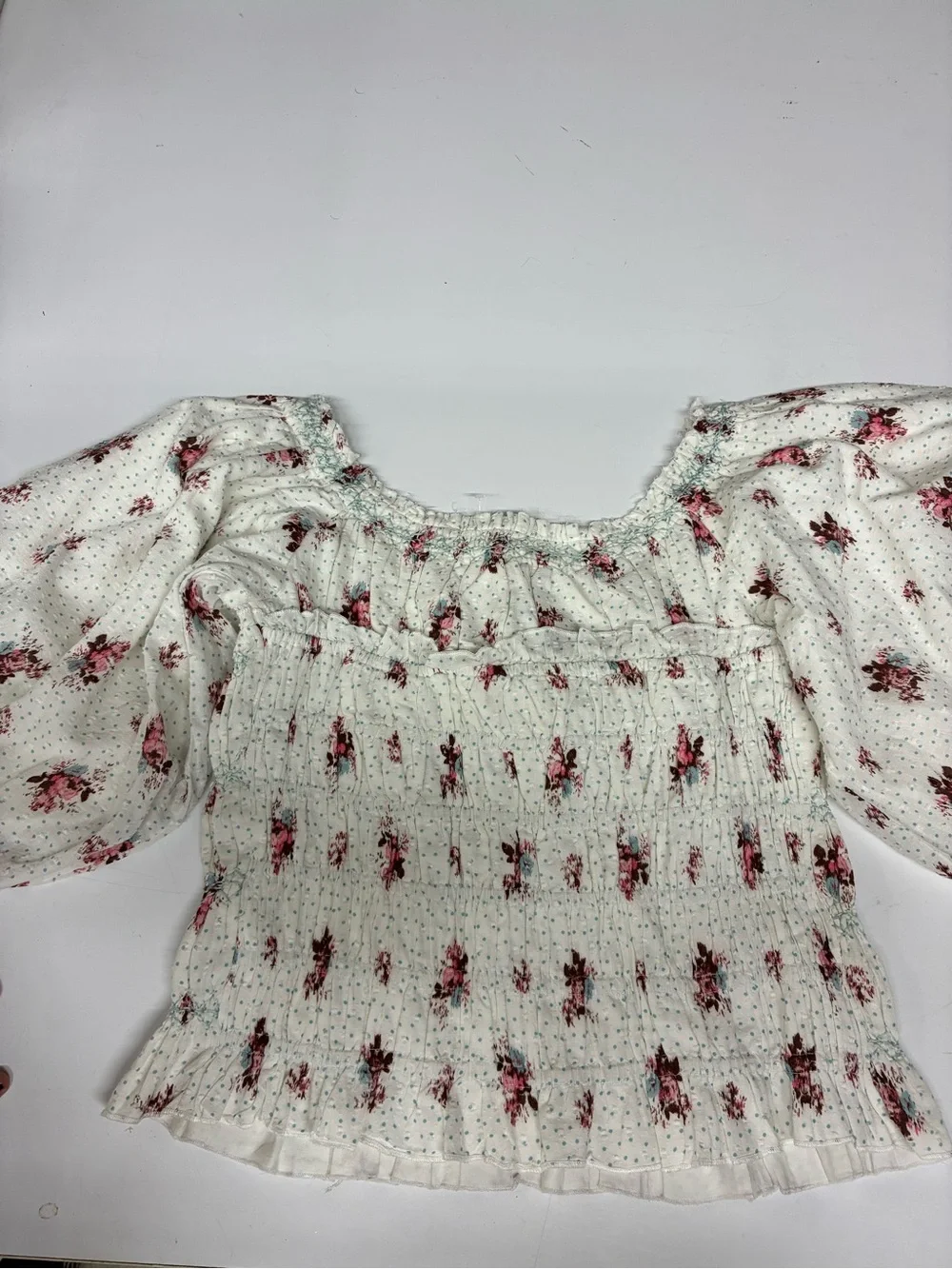 Anthropologie White Floral Smocked Peasant Blouse with Pink Flowers